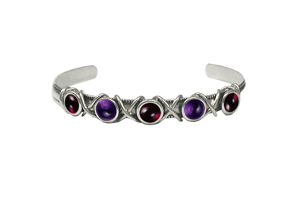 Sterling Silver Cuff Bracelet With Garnet And Amethyst